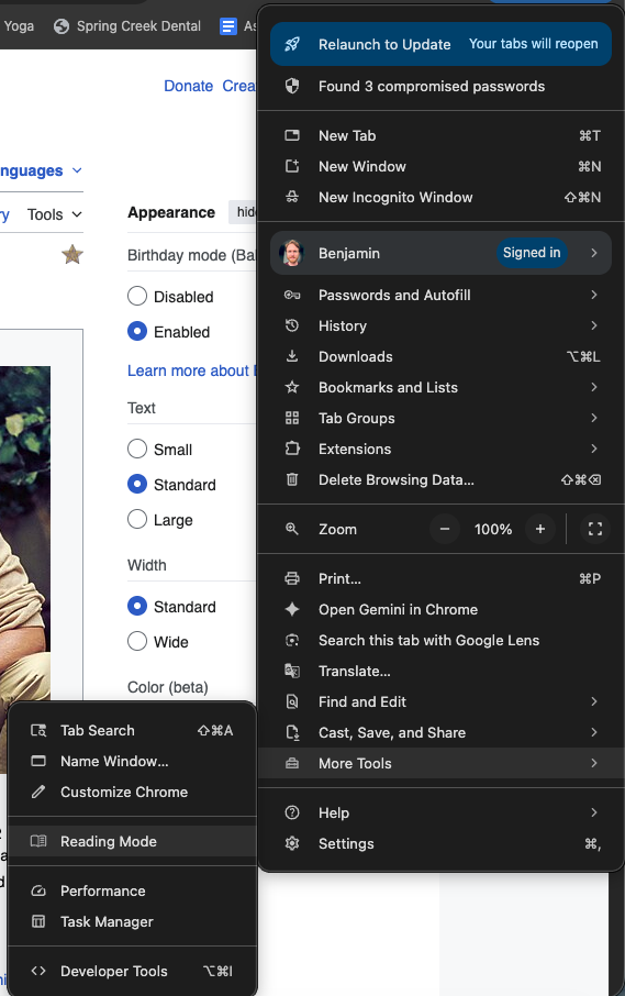 Chrome's Reading Mode option in the browser menu