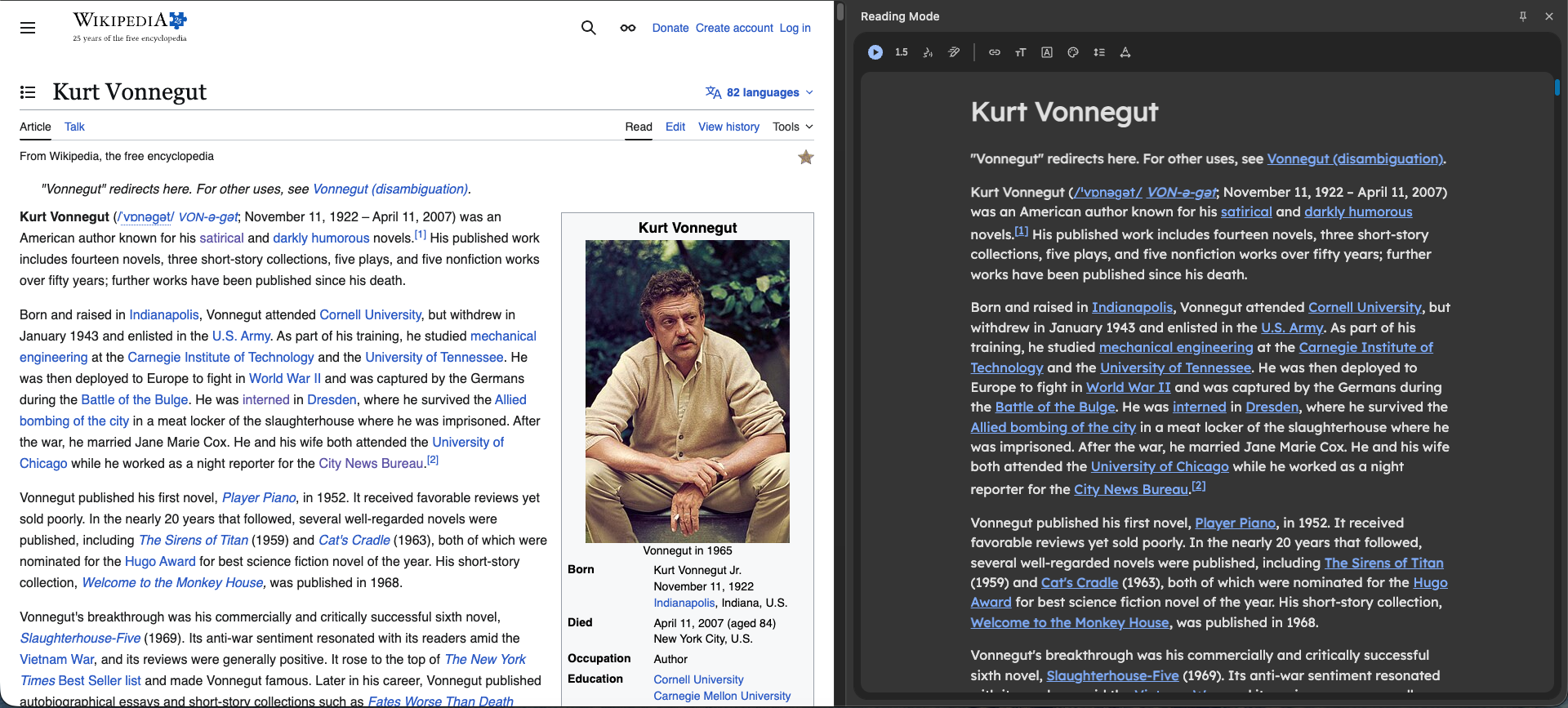 Chrome's Reading Mode view showing a clean reading panel alongside the original page