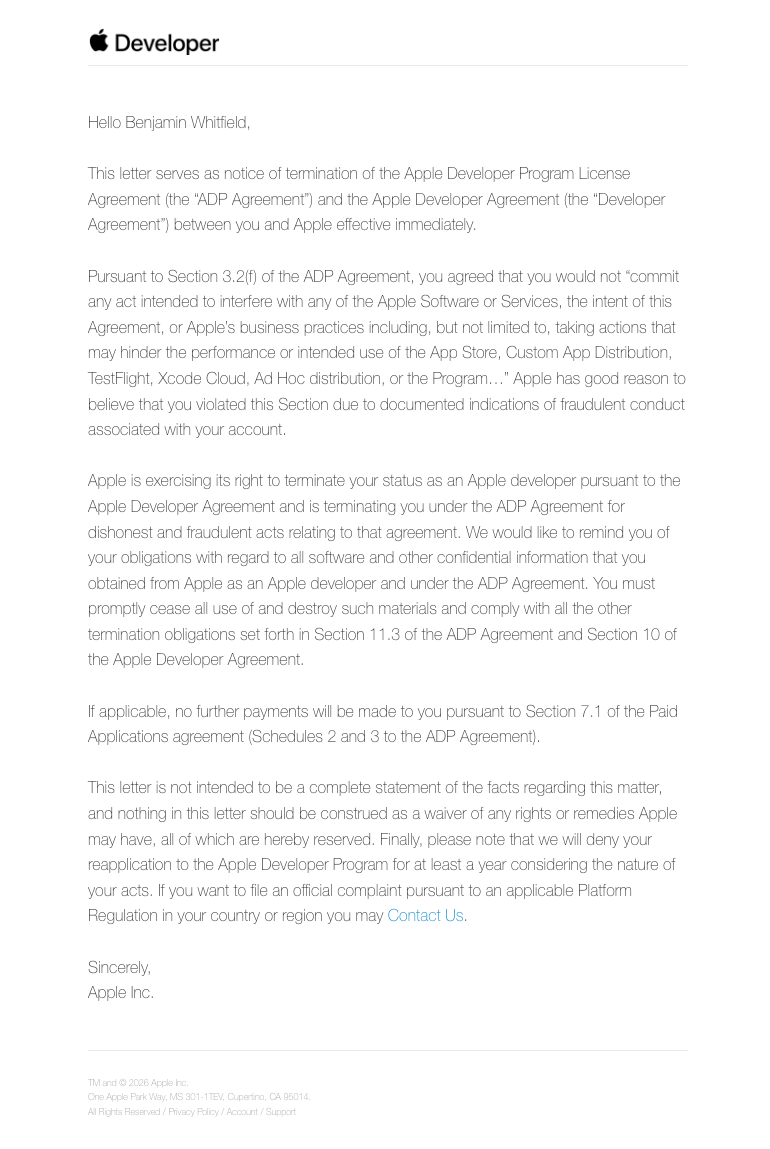 Apple Developer Program termination email